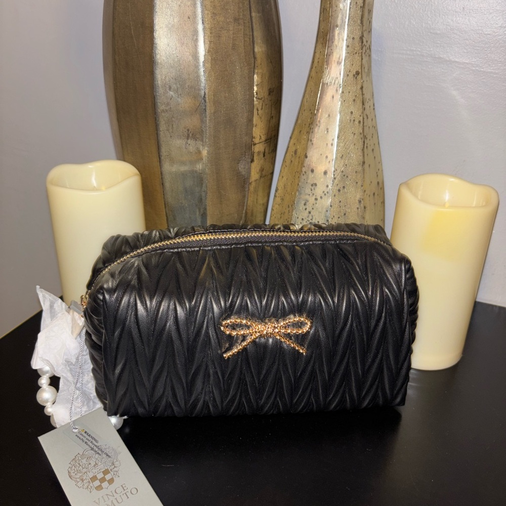 Vince Camuto Black Quilted Bag Cosmetic with Gold Bow